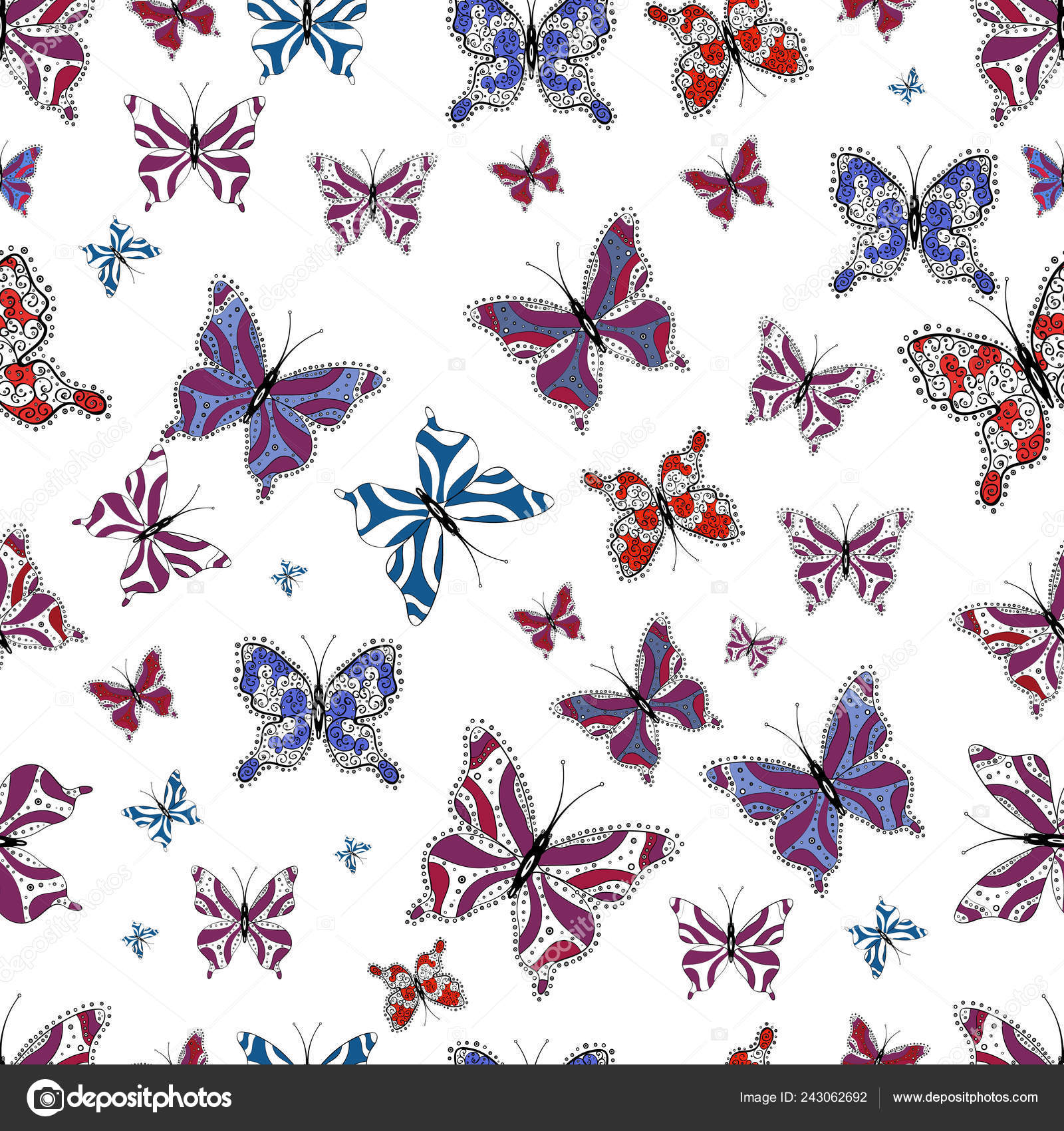 Seamless Pattern Butterfly White Black Purple Background Cute