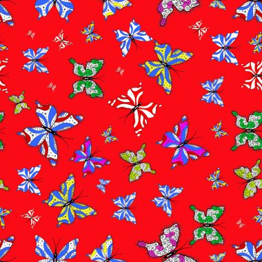 Basit kadınsı desen davet için kartı, baskı. Sorunsuz. Rastgele kırmızı, mavi ve beyaz kelebekler şirin desen. Kırmızı, mavi ve beyaz arka plan üzerinde kelebek. Vektör çizim.