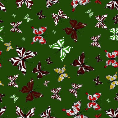 Moda şirin kumaş tasarımı. Fantezi illüstrasyon. Beyaz, yeşil ve kahverengi renkleri çizimde. Vektör çizim. Güzel moda model kelebekler ile.