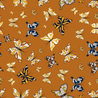 Görünümü üzerinde sarı, turuncu ve beyaz renkler kapatın. FreeHand doğrusal mürekkep el sanat retro tileable ajur tasarım tarzı çizilmiş logo. Sevimli vahşi sinek hexapods hafifçe zemin üzerinde izole.