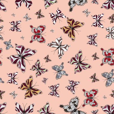 Sorunsuz arka plan. Güzel renkli kelebekler düzensizce mor renk üzerine beyaz, tarafsız, uçmak. Sorunsuz çok renkli arka plan-Uçan güveler ile. Vektör. Kumaş, kağıt, ambalaj için uygundur..