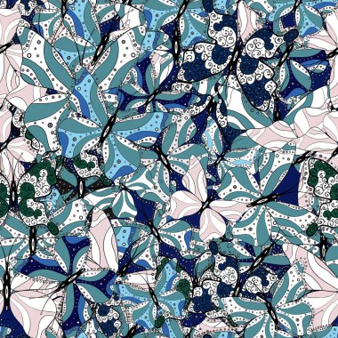 Kağıt, kumaş, ambalaj için uygundur. Kelebekler ile vektör çiçek seamless modeli. Resimde beyaz, mavi ve siyah renklerde.