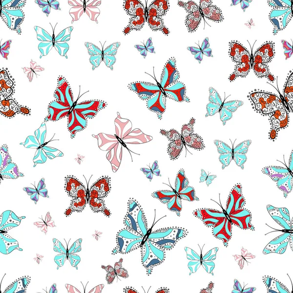 Papillons Sur Fond Bleu Blanc Noir Mignon Modèle Sans Couture — Image vectorielle