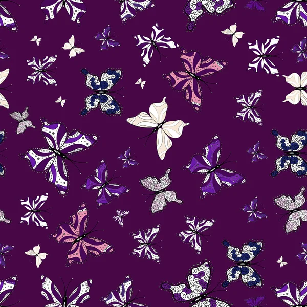 Spring Summer Tropical Butterfly Seamless Pattern Black Purple White Colors — Stock Vector