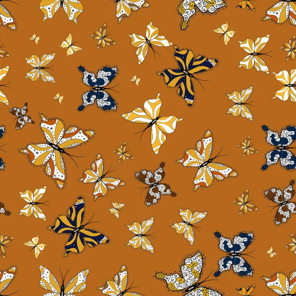 Görünümü üzerinde sarı, turuncu ve beyaz renkler kapatın. FreeHand doğrusal mürekkep el sanat retro tileable ajur tasarım tarzı çizilmiş logo. Sevimli vahşi sinek hexapods hafifçe zemin üzerinde izole.