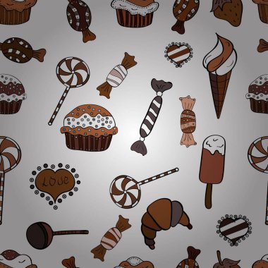 Çikolatalı doğum günü tatlı kek illüstrasyon. Sorunsuz lezzetli çörekler ve muffins kahverengi çizgi film, beyaz ve siyah vektör.