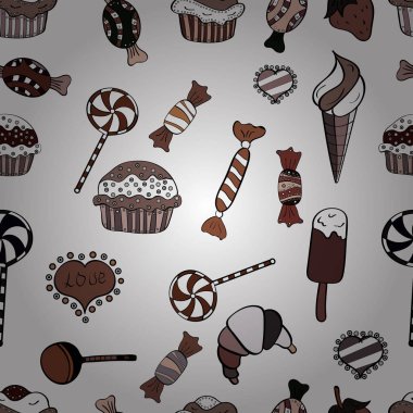 Sonsuz desen, kahverengi, beyaz ve siyah arka plan. Kağıt ambalaj. Dikişsiz desen tatlı tatlılar. Kahverengi, beyaz ve siyah renk. Krem. Vektör çizim.