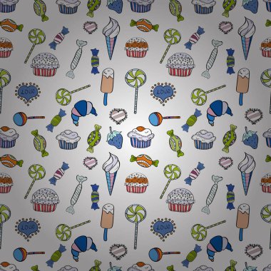 Vektör çizim. Siyah, mavi ve beyaz sürümü. İzole. Sevimli ve renkli şeker tatlı seamless modeli siyah, mavi ve beyaz arka plan üzerinde.