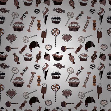Tekstil, kartlar, için tatlı web tasarım: lezzetli gerçekçi seamles arka plan: grafik fantastik şeker. Siyah, kahverengi ve beyaz şeker ile vektör seamless modeli.