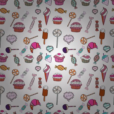 Siyah, beyaz ve pembe arka plan üzerinde şeker. Sorunsuz şekerler. Oyun, kartpostal, davet ve web tasarımı için. Düz stil vektör çizim.