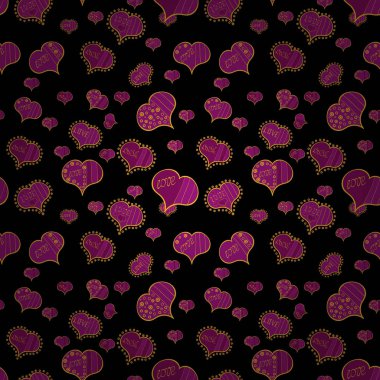 Vektör çizim. Kaydırma için şablon. Yinelenen doku. Sarı, mor ve siyah sorunsuz kalp desen. Tipografi yazı poster. Sevgililer günü.