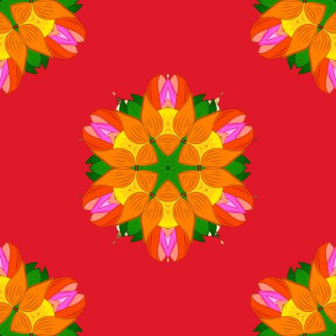 Vektör çizim. Vintage tarzı çiçek demetleri ile Seamless modeli. Kırmızı, turuncu ve yeşil renkler.