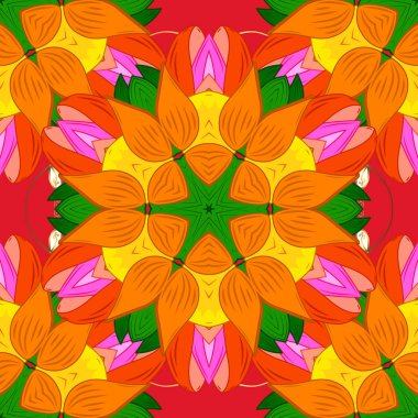 Çiçek Dikişsiz desen arka plan. Turuncu, yeşil ve kırmızı renkler çiçekler. Çiçek boyama vektör t shirt baskı için.