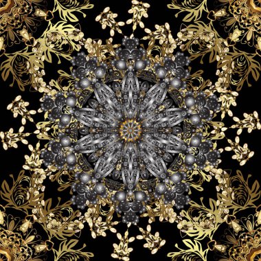 Vektör çizim. Şam altın soyut çiçek seamless modeli siyah ve gri renkler. Süslü dekorasyon.