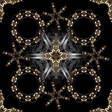 Çiçek klasik doku. Vintage kartı, kroki, ambalaj, Tekstil için tasarım. Altın şablonu. Kraliyet retro siyah ve gri renkler. Vektör çizim. Seamless modeli altın öğeleri.