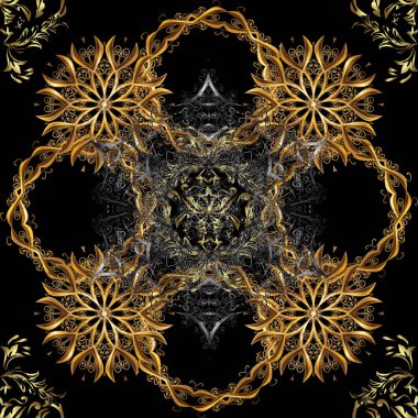 Vektör vintage Barok çiçek seamless modeli altın. Süslü dekorasyon. Siyah ve kahverengi renkleri altın elemanları ile altın izi. Lüks, Kraliyet ve Victoria kavramı.