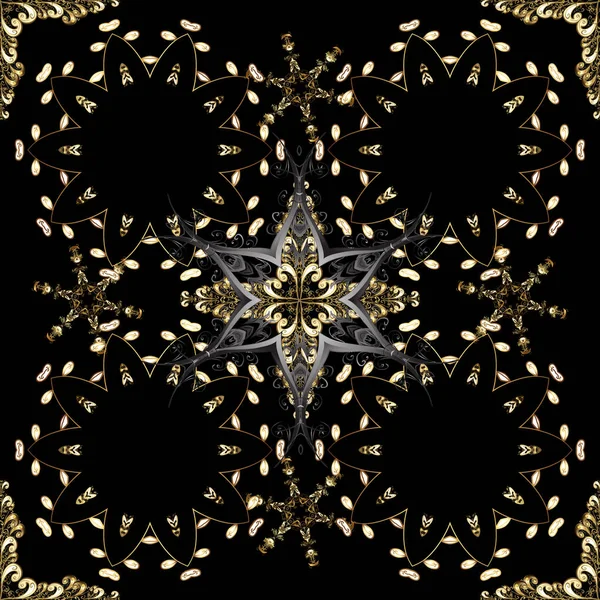 クリスマス 2019 スノーフレーク 黄金の要素と黒とグレーの色のビンテージのシームレス パターン — ストックベクタ