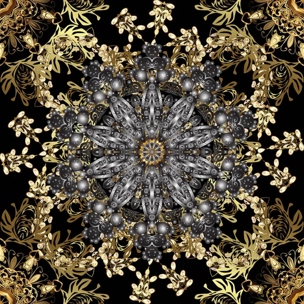 Vector Illustration Damask Gold Abstract Flower Seamless Pattern Black Gray — Stock Vector