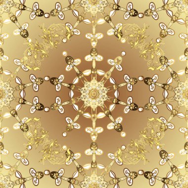 Kusursuz kraliyet lüksü, altın barok kumaş rengi. Altın antika ortaçağ dekoratifi, yapraklar ve bej renklerinde altın desenli vektörsüz desenler..