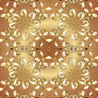 Bej ve kahverengi renkleri altın elemanları ile altın seamless modeli. Vektör arka plan öğeleri tekrarlayan olan. Damasko klasik altın Dikişsiz desen. Vektör çizim.