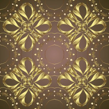 Sorunsuz vektör arka plan. Kroki Barok, Şam. Şık grafik desen. Altın öğeleri üzerinde kahverengi ve nötr renkler. Çiçek desenli.