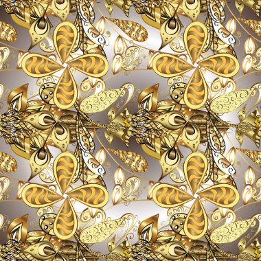 Dikişsiz Şam desen arka plan barok tarzında kroki tasarımı için. Süslü vektör dekorasyon. Sarı ve kahverengi renkleri altın elemanları ile altın desen.