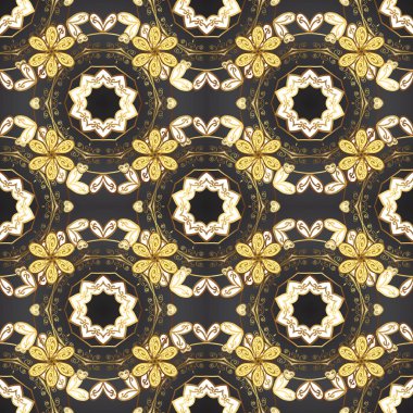 Vektör çizim. Vektör altın desen. Oryantal tarzı arabesk. Sorunsuz altın dokulu bukleler. Gri ve sarı renkleri altın elemanları ile.