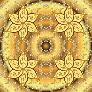 Altın karalama fantezi yapraklarından ve sarı ve kahverengi renkli çiçeklerden vektör soyut çiçek çelengi. El yapımı dekoratif çerçeve, albüm kapağı, tebrik kartı, klasik Art deco tarzı.