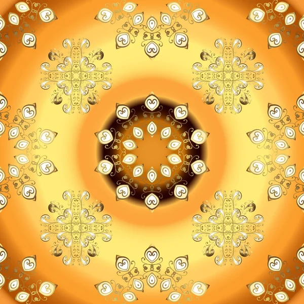 Vektör altın desen. Sorunsuz dokulu bukleler. Oryantal tarzı arabesk altın desen bir turuncu ve sarı renkleri altın elemanları ile.