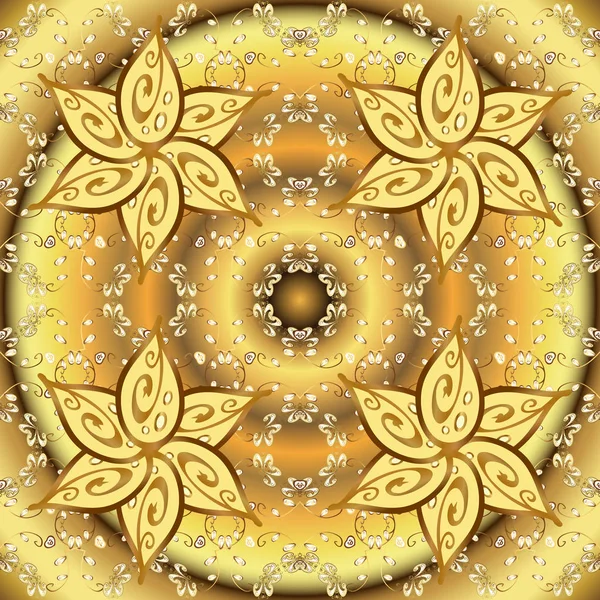 Altın karalama fantezi yapraklarından ve sarı ve kahverengi renkli çiçeklerden vektör soyut çiçek çelengi. El yapımı dekoratif çerçeve, albüm kapağı, tebrik kartı, klasik Art deco tarzı.