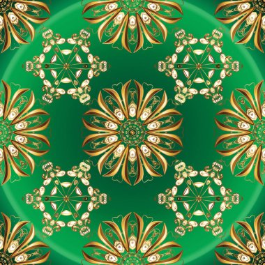 Çiçek fayans. Yeşil ve kahverengi renkleri altın elemanları ile altın izi. İslam tasarım. Dikişsiz desen şark süsleme. Vektör altın tekstil baskı.