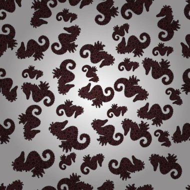 Vektör. Denizatı sorunsuz arka plan. Hippocampus vektör karikatür Icon set sualtı balık ve beyaz, siyah ve kahverengi arka plan izole siluet. Doodle, kroki, karalama.