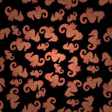 Sevimli kız gibi sorunsuz elle çizilmiş. Resimde. Kırmızı, siyah ve bej renkli arka plan üzerinde izole deniz atı. Sonsuz. Resim. Suluboya. Küçük resim. Kroki, doodle, karalama.