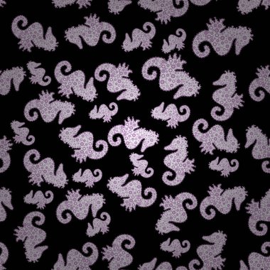 Vektör. Doodle, kroki, karalamak. Denizatı sorunsuz arka plan. Hippocampus vektör karikatür Icon set, sualtı balık siluet siyah, tarafsız ve menekşe arka plan izole.