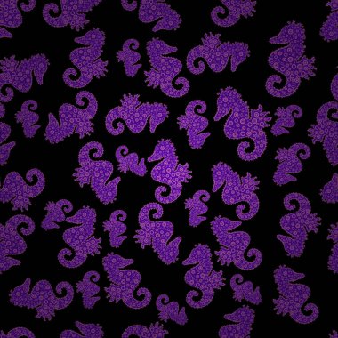 Vektör. Hippocampus vektör karikatür Icon set, sualtı balık siluet siyah, mor ve pembe arka plan izole. Denizatı Dikişsiz desen arka plan.