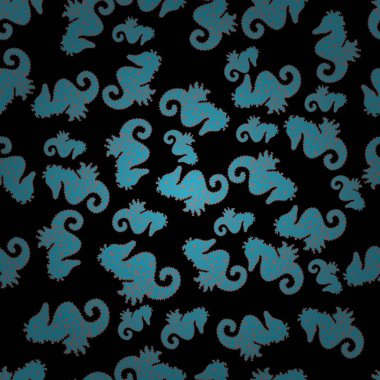 Basit tarzda. Resimde. Şirin kız gibi seamless modeli el ile çizilmiş. Vektör. Kumaş, paketleme için uygundur. Suluboya. Küçük resim. Resim. Pembe, mavi ve siyah arka plan üzerinde izole denizatı.