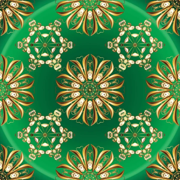 Цветочная Плитка Золотой Узор Зеленом Коричневом Цветах Золотыми Элементами Исламский — стоковый вектор
