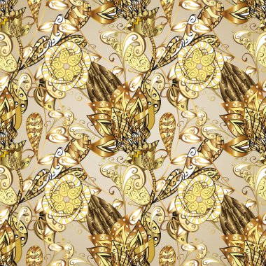 Paisley 'ler zarif çiçek desenli arka plan çizimi. Güzel, modaya uygun, modern, 3D çizgili sanat eseri, sarı ve bej desenli çiçek yaprakları ve süslemeleri olan çizimler..