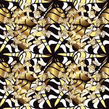 Noel 2019, kar tanesi, yeni yıl. Beyaz ve siyah renkler altın elemanları ile Vintage seamless modeli.