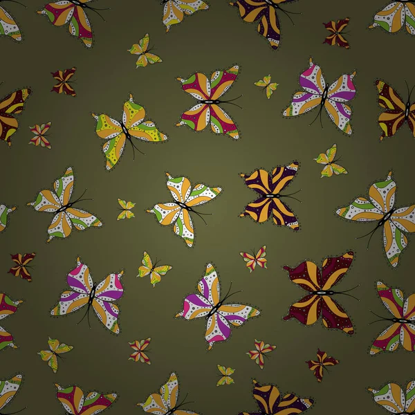 服装织物的重复昆虫织物剪贴画 可爱的无缝蝴蝶布背景上的黄色 棕色和白色 春蝶主题 向量剪影 — 图库矢量图片