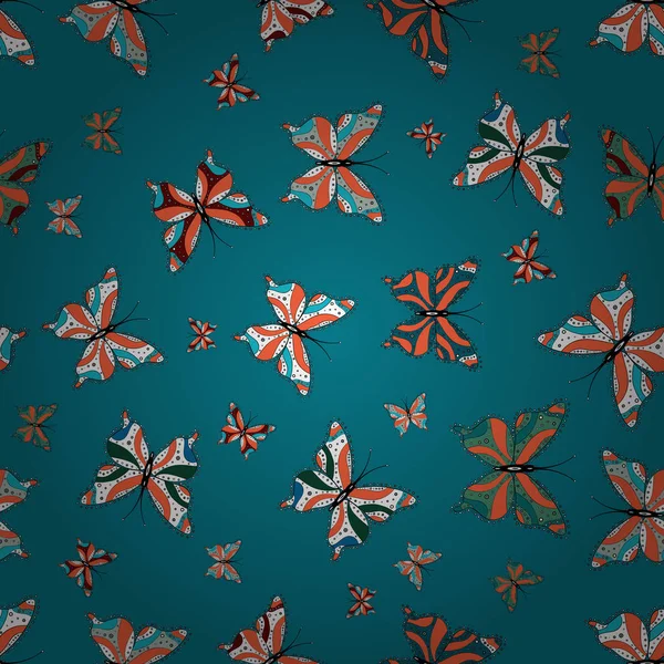 服装的重复昆虫织物剪裁 简单的女性模式的邀请 飞行蝴蝶亚麻的主题向量 对比无缝的蝴蝶布模板在蓝色 橙色和白色 — 图库矢量图片
