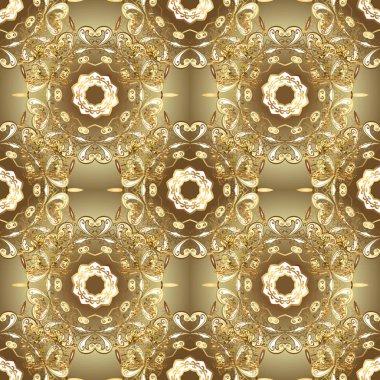 El çekilmiş dekoratif çerçeve, albüm kapağı, tebrik kartı, vintage Art deco tarzında. Vektör soyut çiçek çelenk altın doodle fantezi yaprak ve çiçek bir kahverengi ve bej renkler.