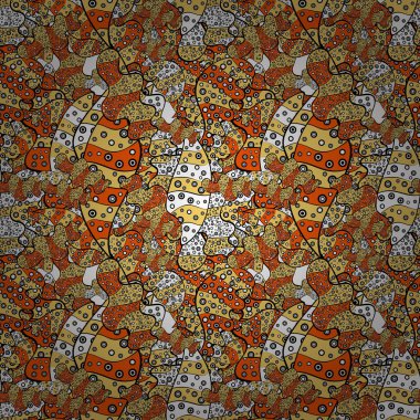 Tasarım. Vektör. Güzel kumaş deseni. Doodles'ın siyah, sarı ve turuncu renkler. Düz öğeleri. Yazdır.