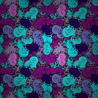 Elle çizilmiş illüstrasyon karikatür tarzı mavi, siyah, mor renkler. Şirin yazı hat metin, kalpler, zarflar, kesintisiz aşk desenle doodles. Sanat arka plan doku tasarımı için. Vektör