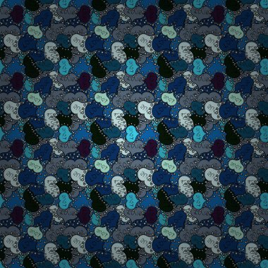 Yazdırın. Vektör. Düz öğeleri. Tarafsız, mavi ve siyah renkler doodles. Tasarım. İhale kumaş deseni.