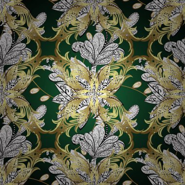 Beyaz, tarafsız ve yeşil renkleri altın öğesinde. Damasko süs desen yinelenen arka plan. Antika altın yinelenebilir kroki. Altın beyaz, tarafsız ve yeşil çiçek süsleme Barok tarzı