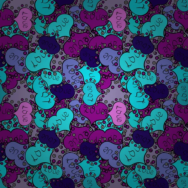 Elle çizilmiş illüstrasyon karikatür tarzı mavi, siyah, mor renkler. Şirin yazı hat metin, kalpler, zarflar, kesintisiz aşk desenle doodles. Sanat arka plan doku tasarımı için. Vektör