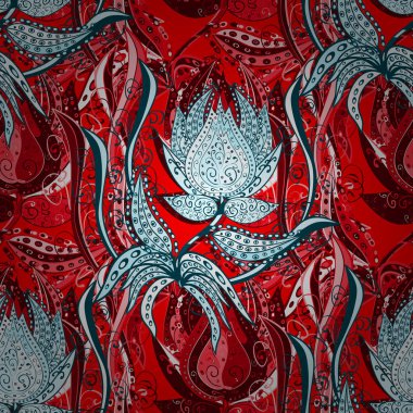 Vektör soyut çiçek arka plan. Güzel çiçek baskı kırmızı, tarafsız ve mavi küçük çiçekli. Rengarenk seamless modeli.