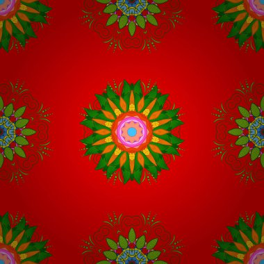 Çok renkli süs vektör soyut Dikişsiz desen kumaş veya tekstil tasarımı için küçük basit kırmızı, yeşil ve turuncu çiçek,.