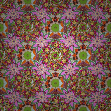 Düz Çiçek Elementleri Tasarımı. Renkli Bahar Temalı Kusursuz Arkaplan. Süslü kumaş deseni. Vektör illüstrasyonunda kusursuz çiçek deseni.